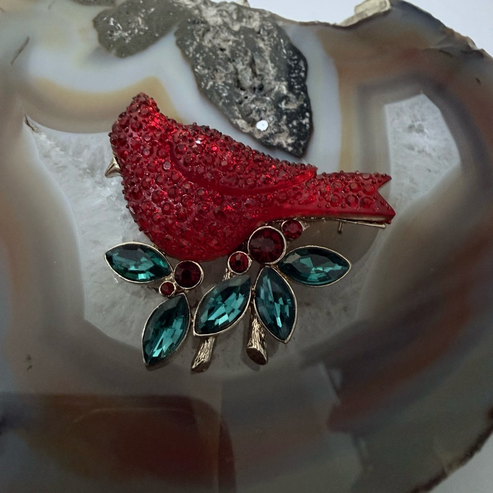Vintage Red Cardinal & Green Rhinestone Cardinal Bird Brooch Guc